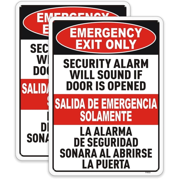 2-Pack 8" x 12" Inches Emergency Exit Only - Security Alarm Will Sound If Door Is Opened Bilingual Sign, Reflective Rust Free Aluminum, UV Protected, Weatherproof, Easy to Install