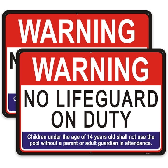 2 Pack 8" x 12" Inches Swimming Pool Sign, Warning No Lifeguard On Duty Sign, Reflective Rust Free Aluminum, Weatherproof, Easy to Install