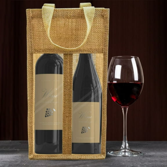 2 Pack 8" x 14" Natural Brown Burlap Fabric Wine Bag Gift Packaging Wine Bag Gift Bag for Christmas Holiday Decorations (Double Bottles)
