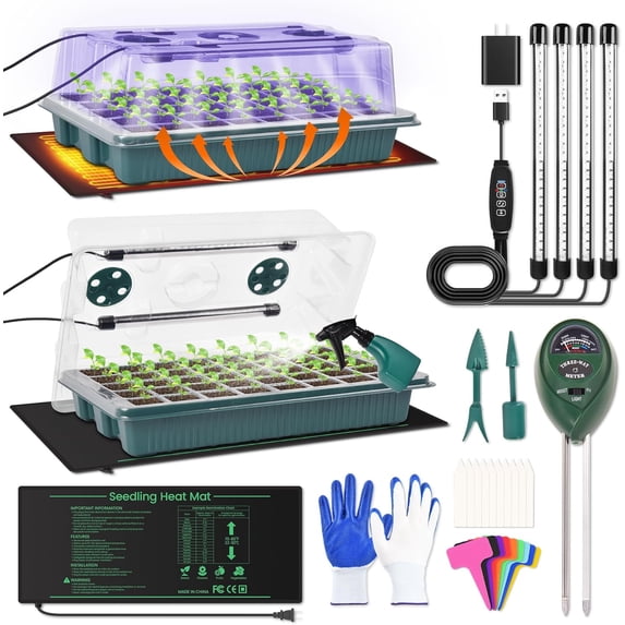 2-Pack 80-Cell Seed Starter Kit with Grow Light & Heat Mat. Includes ...