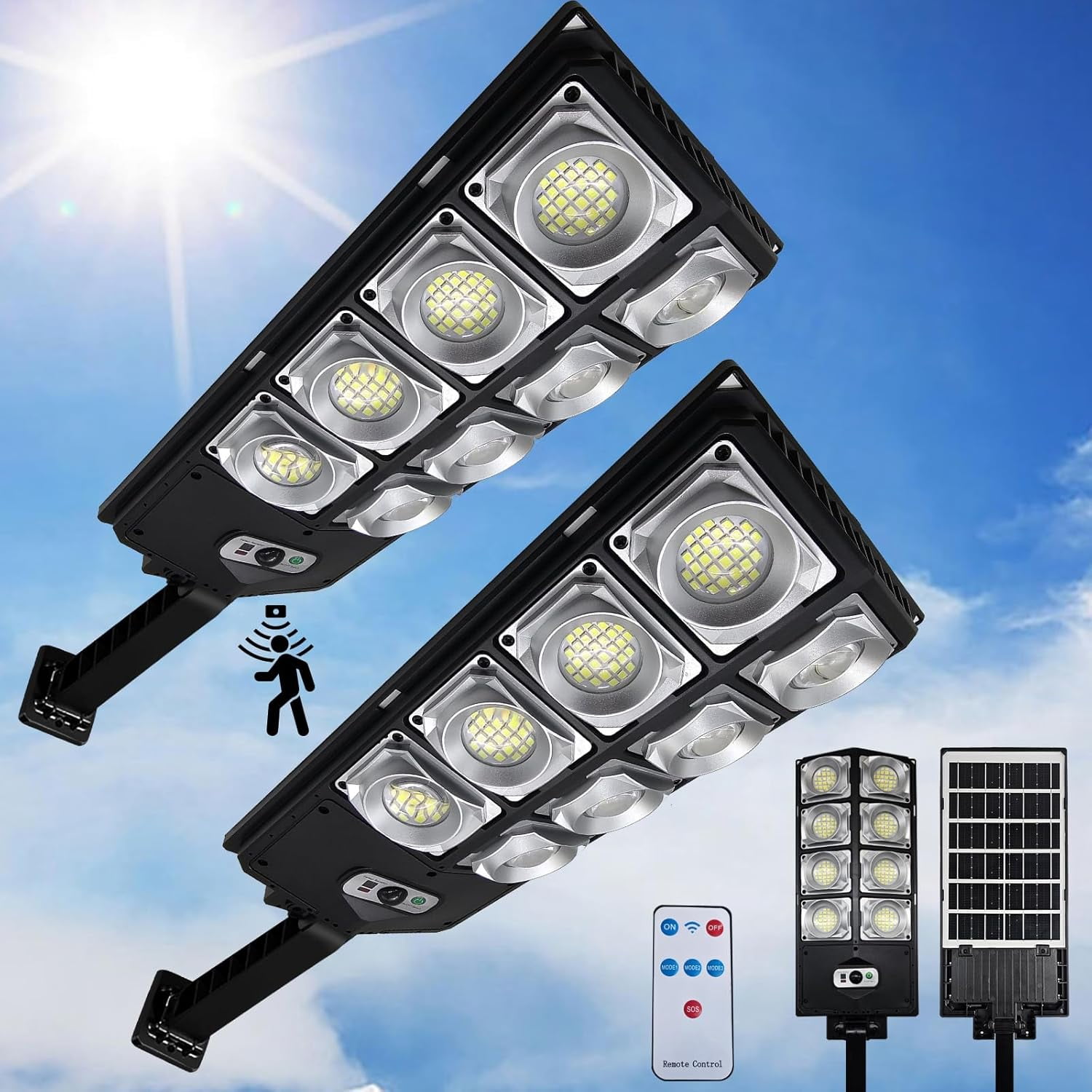 2 Pack 800W Solar Street Light Outdoor, 80000LM IP65 Waterproof 480LEDs Solar Flood Lights with Remote Control, Dusk to Dawn Motion Sensor Street Light for Patio, Parking Lot & Driveway