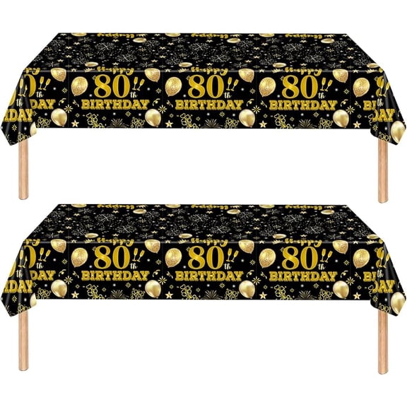 2 Pack 80th Birthday Tablecloths Black Gold 54 x 108 Inches