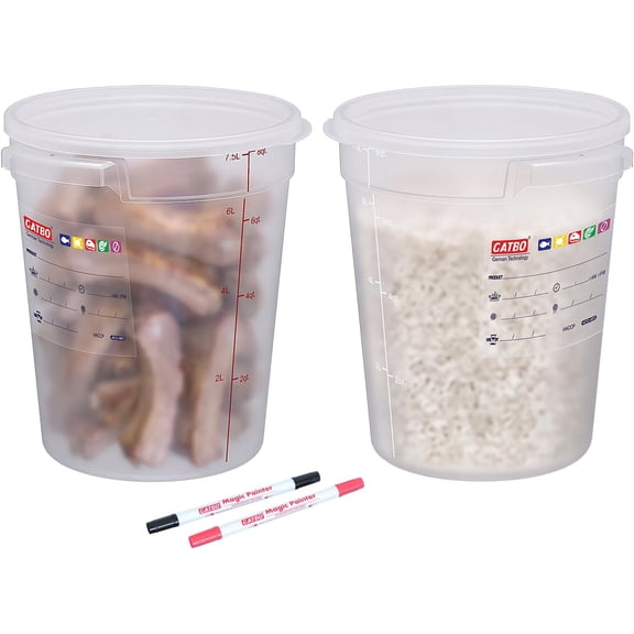 2 Pack 8QT Commercial Round Food Storage Containers with Lids | BPA-Free Food Grade; Dishwasher Safe; FIFO Label Area;Graduations; Bulk Ingredient Storage; Restaurant Food Prep; Translucent