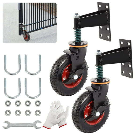 2 Pack 8inch Gate Wheel with Brake Moves Smoothly Fence Gate Wheel, 600Lb Capacity 360 Degree Rotation Gate Wheels for Wooden Metal Tube Gate Spring Loaded Farm Garden Caster Nuts Wrench Gloves