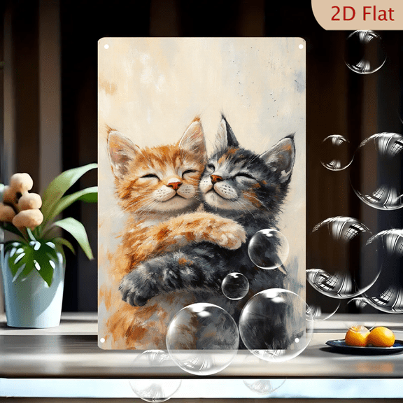 2 Pack 8x12 Inch Metal Wall Art, Heartwarming Soft Impressionist Painting of Two Cute Kittens Hugging, Adorable Orange and Grey Tabby Cats Embrace for Nursery Living Room Home Decor