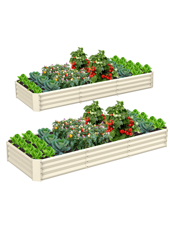 2 Pack 8x3x1ft Galvanized Raised Garden Bed Metal Above Ground Planter Box Kit Outdoor for Vegetables Flowers Herbs, Adjustable to 4 different sizes of rectangular steel bottomless shelves(Light Ivor)