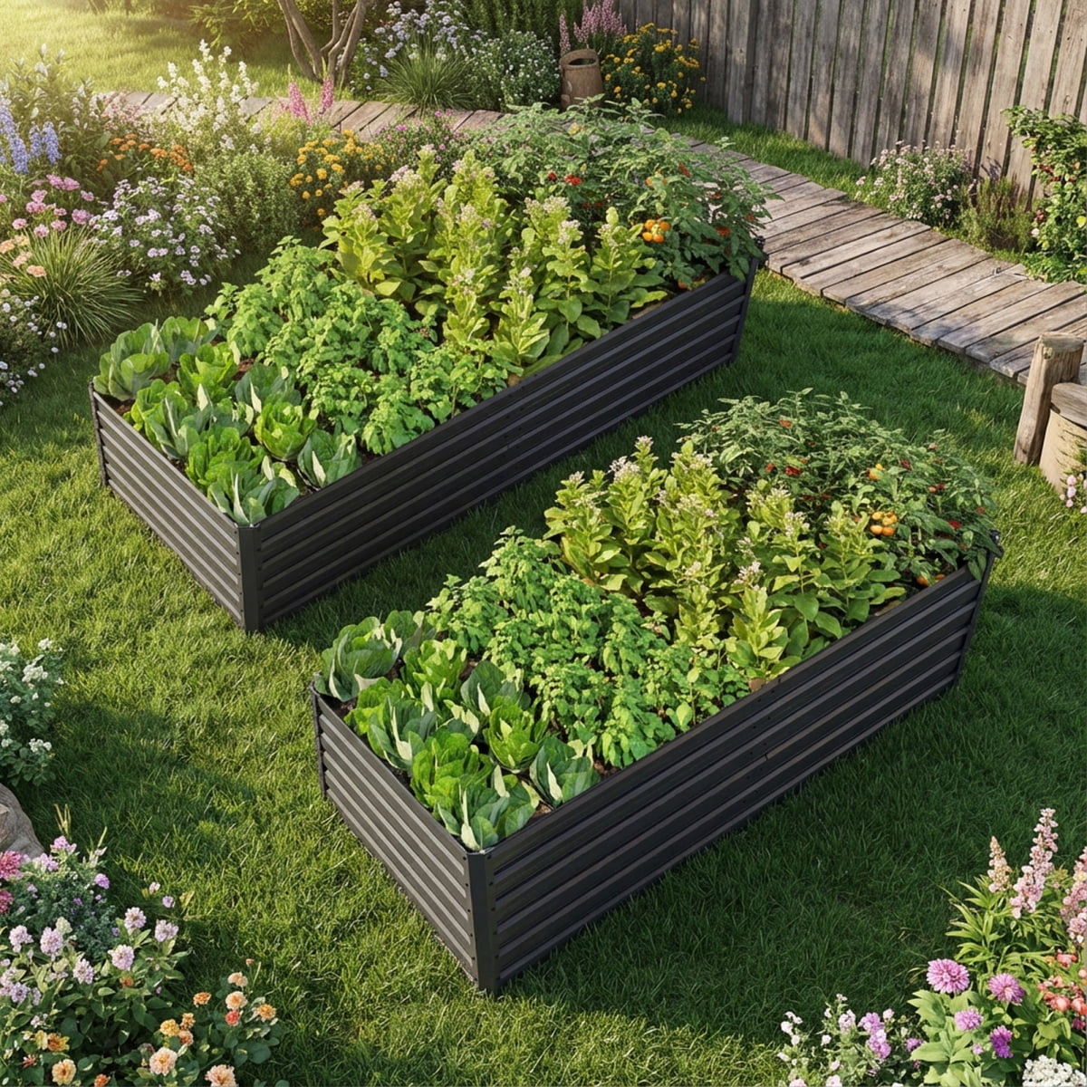 2-Pack 8x4x2 FT Galvanized Metal Raised Garden Beds, Reinforced Rustproof Colored Steel Planter Boxes for Vegetables, Flowers, Herbs and Succulents Outdoor