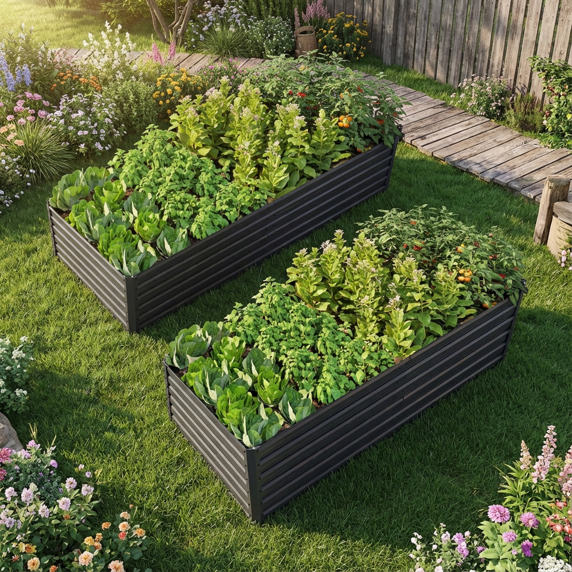 2 Pack 8x4x2ft Metal Galvanized Raised Garden Bed,Galvanized Planter Boxes Set or Vegetables Flowers Ground Planter Box,Black