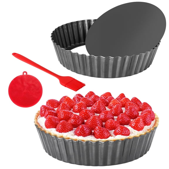 2 Pack 9.5 Inch Tart Pan Pie Pan, Heavy Duty Deep Quiche Pan with Removable Bottom, Nonstick Carbon Steel Deep-dish Round Pie Plate Tin with Oil & Dish Brush