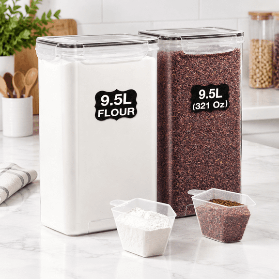 2-Pack 9.5L Extra Large Airtight Dry Food Storage Containers with Lids and Measuring Cups
