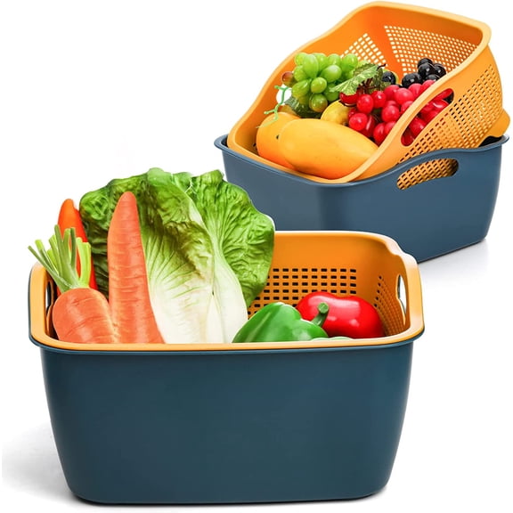2 Pack 9 & 8 Quart Large Kitchen Strainer Colander Bowl Set, Double-Layer Plastic Fruits Vegetable Washing Basket, Drain Bowls for Cleaning Washing Mixing, Detachable (Blue, Orange)