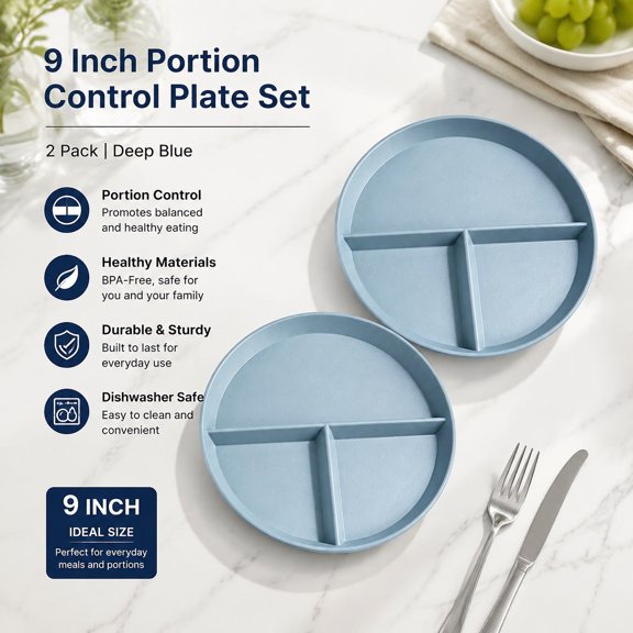 2 Pack 9-Inch Divided Portion Control Plates, Balanced Eating Dinner Plates Set, Blue Sectioned Plates for Healthy Meals