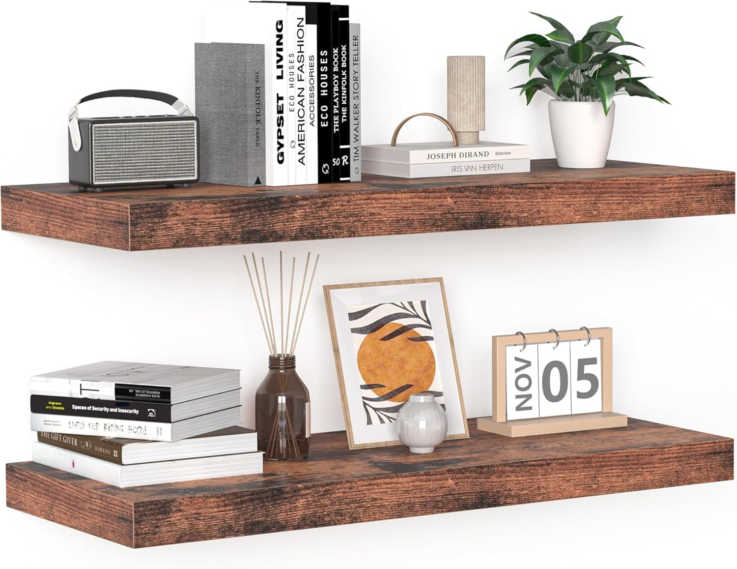2 Pack 9 Inch Rustic Wooden Wall Shelves - Extra Deeper & Thicker Wall Mounted Storage Shelf for Living Room, Kitchen, Farmhouse - 24" W x 9" D x 1.6" H - Rustic Brown