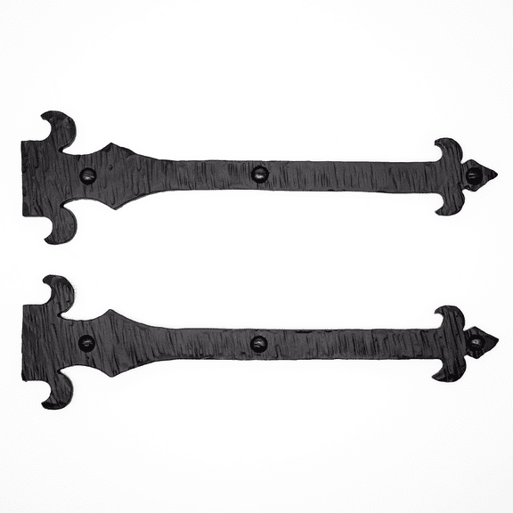 2 Pack 9 inch Faux Door Hinges Black Decorative Strap Hinge Wrought Iron Strap Barn Door Strap Hinges, Farm Gate Hinge, Carriage Door Hardware Nouvelle Fleur De Lis Series Borderland Rustic Hardware
