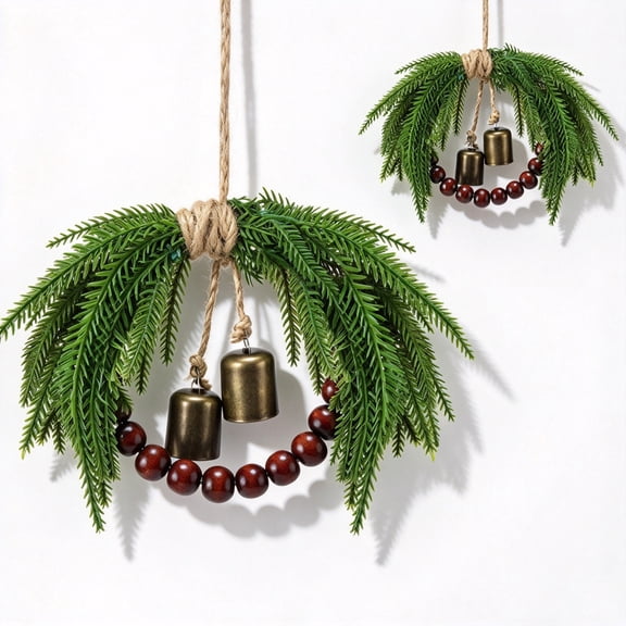 2 Pack 9 inch Mini Christmas Wreath for Cabinet Norfolk Pine with Bells, Farmhouse Rustic Hanging Cabinet Wreath for Kitchen, Window, Front Door Holiday Decor