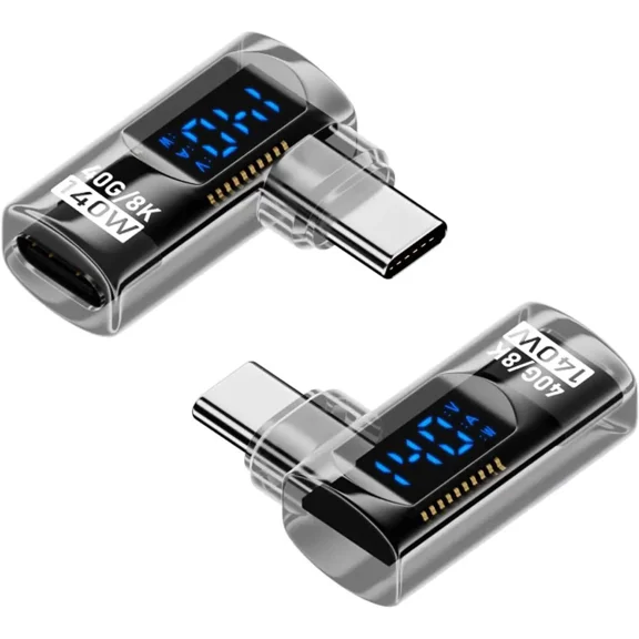 2 Pack 90 Degree USB C Adapter with Digital Display, 140W Right Angle USB-C Male to Female Connector for iPhone 16/15 Series, MacBook, Support Voltage, Current and Power Smart LED Display