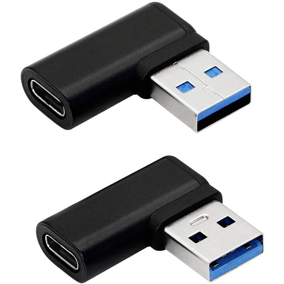 2-Pack 90 Degree USB C to USB A Adapter, Right Angle & Left Angle USB A 3.0 Male to USB Type C 3.1 Female Connector for Laptops, Wall Chargers, Power Banks