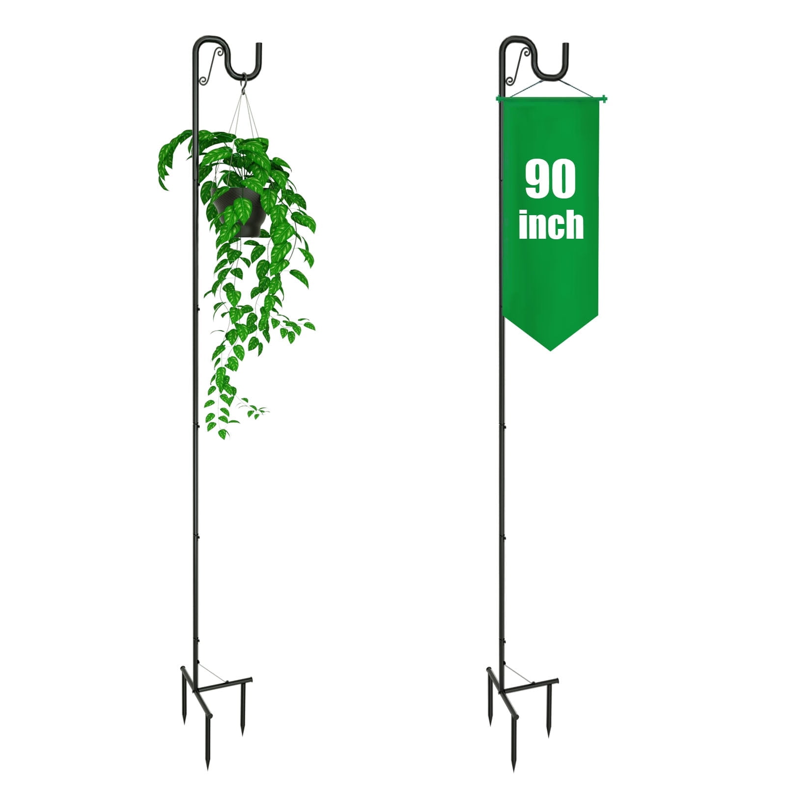 2 Pack 90-Inch Shepherds Hooks for Outdoor, Adjustable Heavy Duty Bird Feeder Pole with 3 Prong Base, Black Plant Hangers for Hanging Baskets, Solar Lights, Wedding Decor