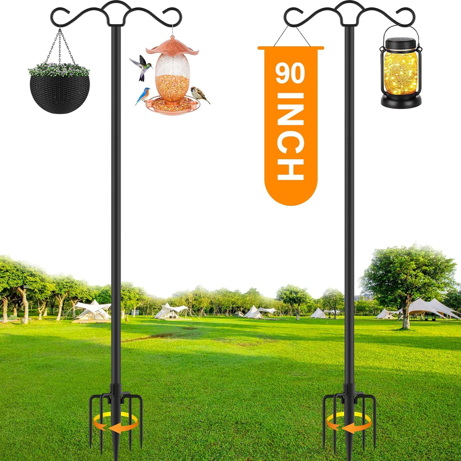 2 Pack 90 inch Double Shepherds Hook for Outdoor with 5 Prong Base Heavy Duty Two Sided Bird Feeder Pole for Hanging Lantern,Hummingbird Feeder,Lightweight Plant,Shepherds Hook