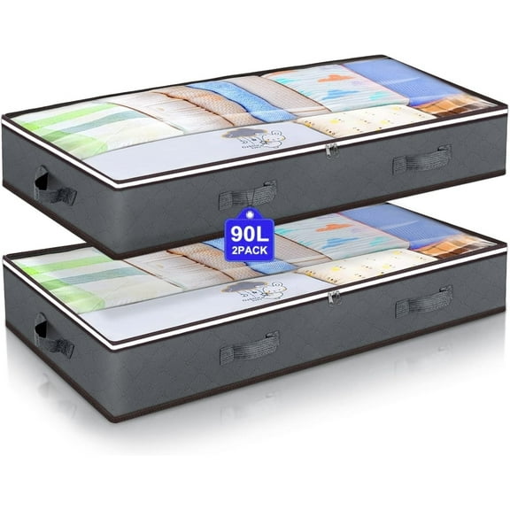 2 Pack 90L Under Bed Storage Containers Visible Closet Organizers Bins with Reinforced Handles,Foldable Underbed Storage Bags with Lids for Clothes,Blankets,Comforters, Sweaters,Pillows, Sheets(Gray)