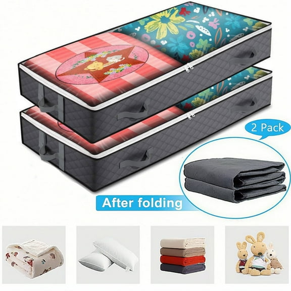 2 Pack 90L Foldable Under Bed Storage Containers with Clear Window - Grey Organizer Bins for Blankets, Clothes, Comforters, Bedding