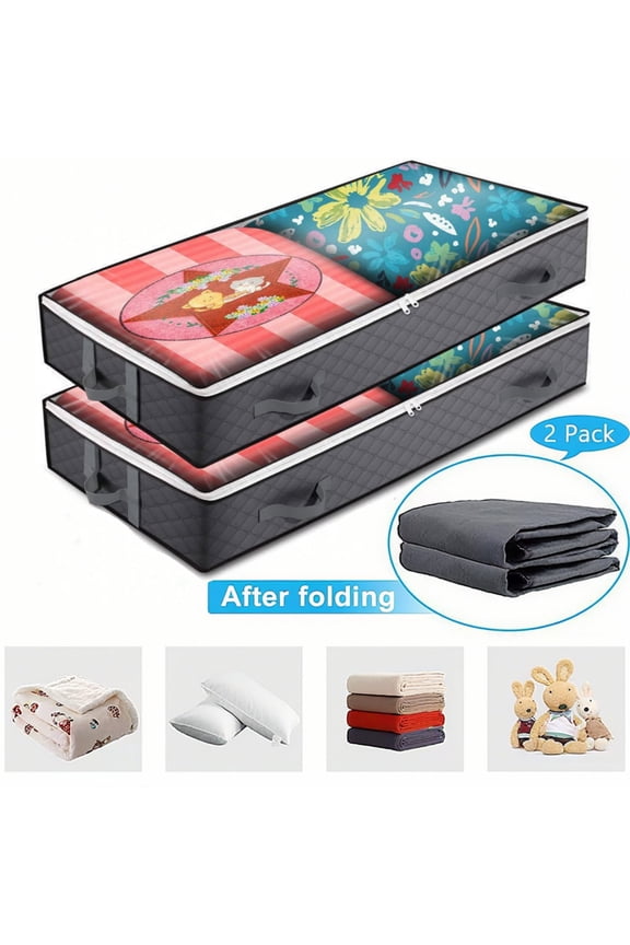 2 Pack 90L Foldable Under Bed Storage Containers with Clear Window - Grey Organizer Bins for Blankets, Clothes, Comforters, Bedding