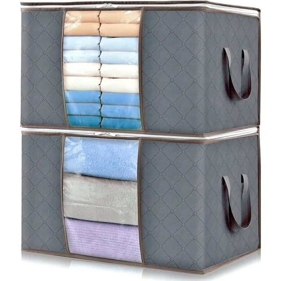 2 Pack 90L Large Storage Bags for Clothes, Foldable Closet Organizers Storage Containers,Totes for Storage,Moving Bins with Reinforced Handle for Blanket, Comforters, Sheets, Pillows and Toys (Gray)