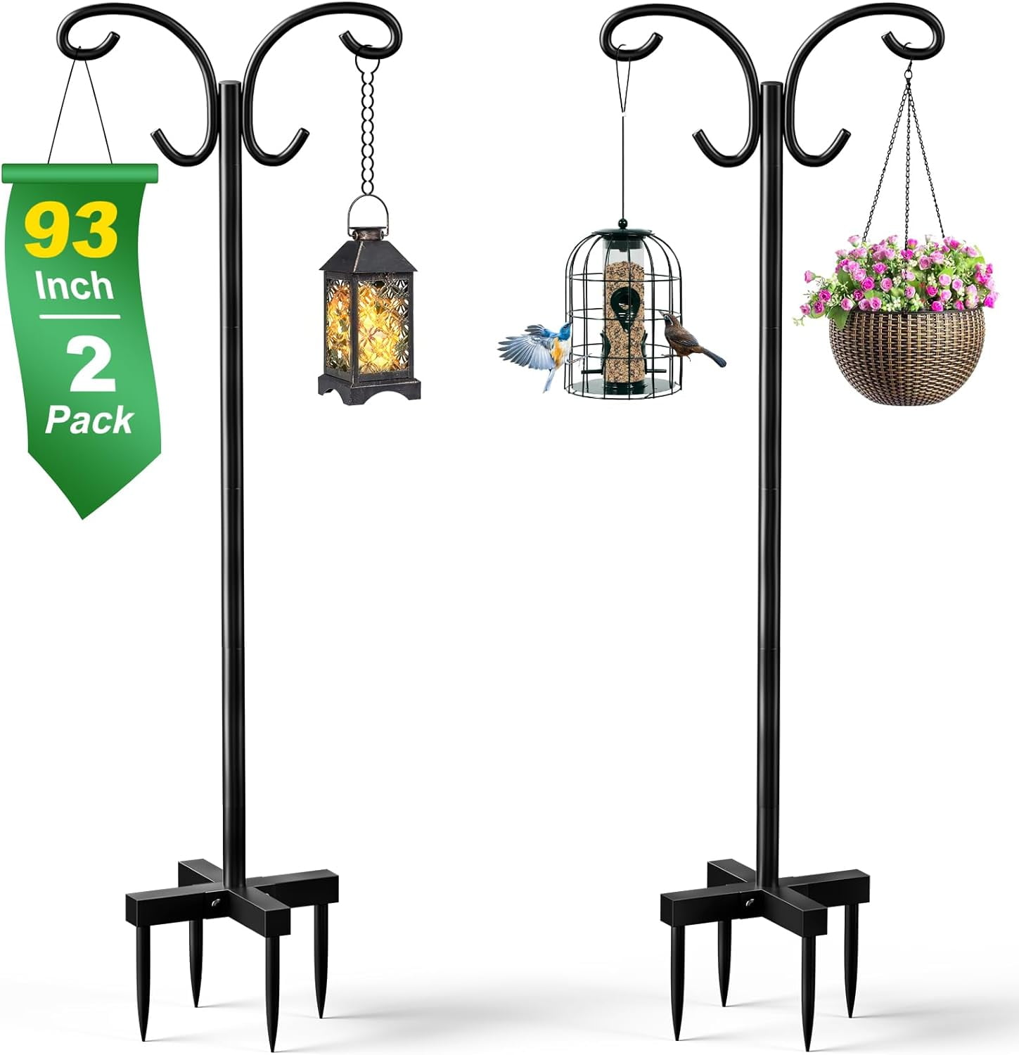 2 Pack, 93 Inch Shepherds Hooks for Plant Hangers, Hummingbird Feeder ...