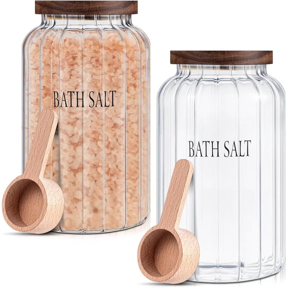 2 Pack 94 oz Large Bath Salt Container with Scoop Glass Bath Salt Jar with Wooden Lid, Large Bathroom Glass Jar Canister