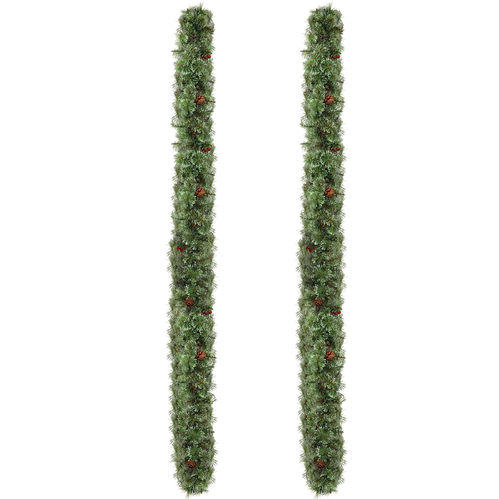 2 Pack 9FT Pre-lit Snow Flocked Christmas Garland, Lighted Artificial Xmas Garland with 200 Warm Lights and 440 Tips and Red Berries, for Front Door Gate Wall Xmas Party Decorations, Snowy Green