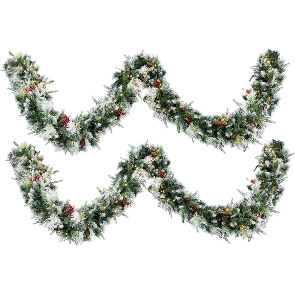2 Pack 9FT Snow Flocked Christmas Garland, Pre-lit Lighted Artificial Xmas Garland with 200 Warm Lights, 8 Light Modes, 440 Tips and Red Berries, Pine Cones, Front Door Gate Wall Party Decorations