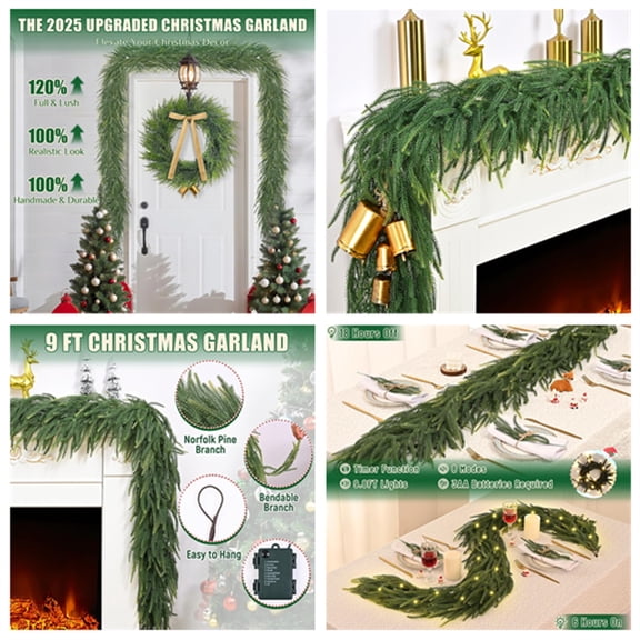 2 Pack 9Ft Real Touch Norfolk Pine Garland, Cedar Garland Artificial Realistic, Christmas Garland with Lights for Mantle Table Front Door Xmas Holiday Indoor Outdoor D rations