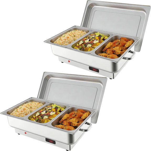 2 Pack 9QT Electric Chafing Dish Buffet Warmers, Stainless Steel Chafers with 3 One-Third-Size Pans Each, 400W Heating and Digital Temperature Control