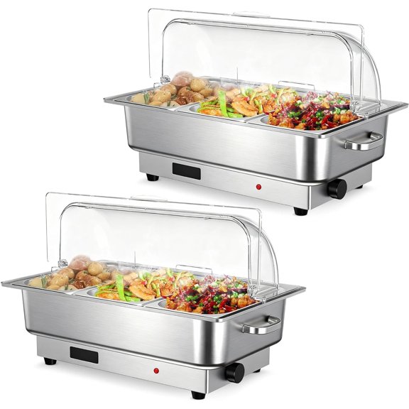 2 Pack 9QT Electric Chafing Dish Buffet Warmers, Stainless Steel Chafers with 3 One-Third-Size Pans Each, 400W Heating and Clear Roll-Top PC Lids