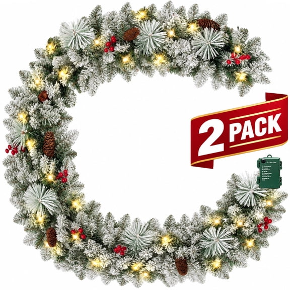 2 Pack 9ft Pre-Lit Snow Flocked Christmas Garland with 80 LED Lights w/ 8 Modes & Timer for Outdoor Indoor Xmas Decoration Fireplace Stairs Doorway Railings Decor