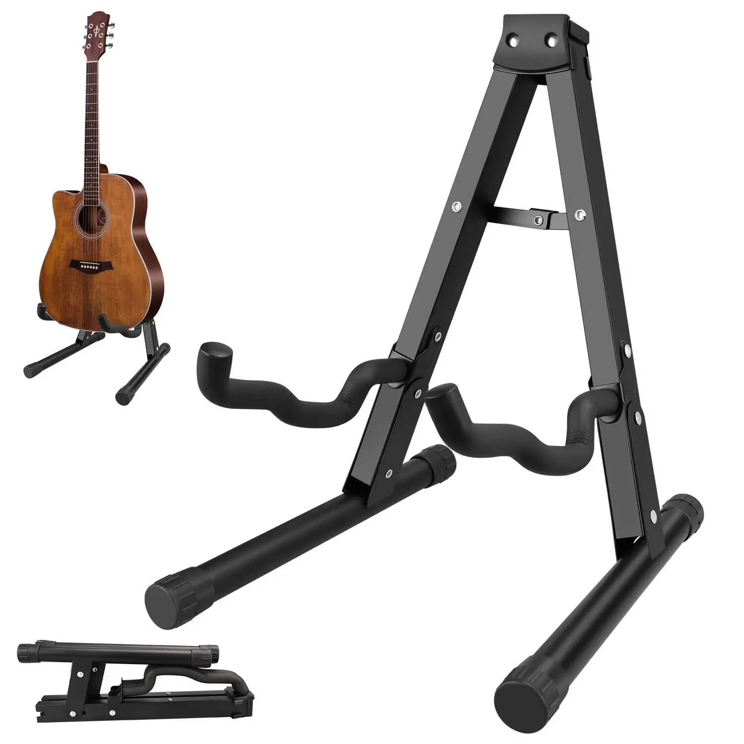 2 Pack A-Frame Folding Guitar Stand with Non-Slip Rubber and Foam Arms, Metal Guitar Stand for Acoustic, Electric, Bass, Ukulele, Banjo