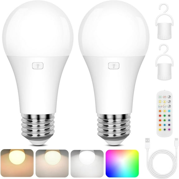 2-Pack A19 Rechargeable Light Bulbs with Remote, 15 Colors Shift + Dimmable Battery Operated Detachable LED Bulbs with 3 Timer, Wireless Emergency Puck Light Bulb for Lamps Wall Sconce, Non-Hardwired