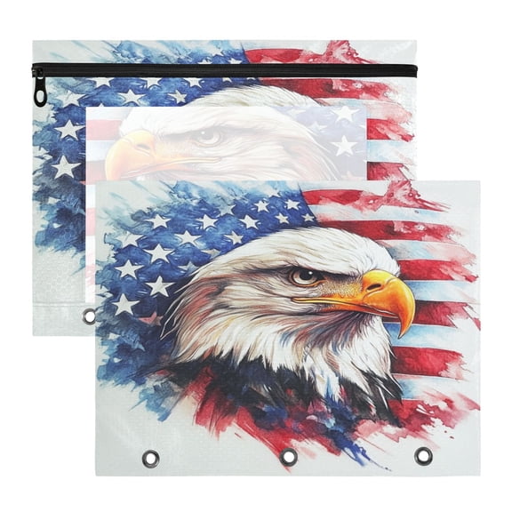 2 Pack A4 Zipper File Bags American Eagle Art Pattern Document Pouches with Clear PVC Front Water Resistant Polyester File Folders for Office Home Stationery Storage