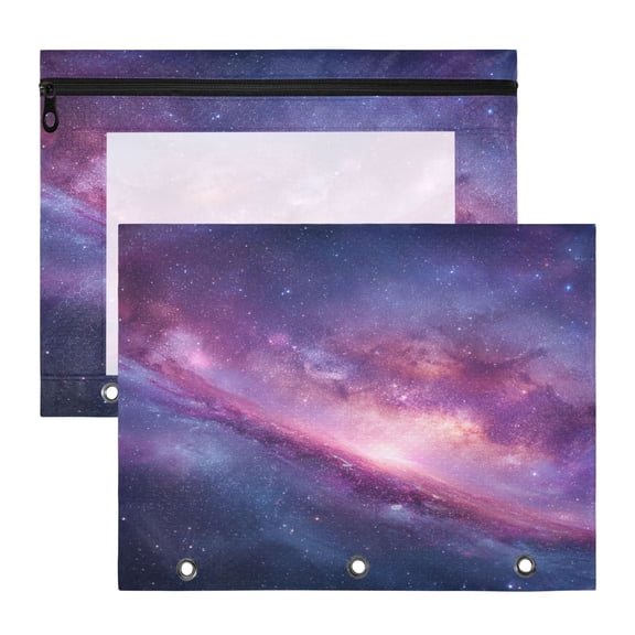2 Pack A4 Zipper File Bags Fluffy Stardust Galaxy Document Pouches with Clear PVC Front Water Resistant Polyester File Folders for Office Home Stationery Storage