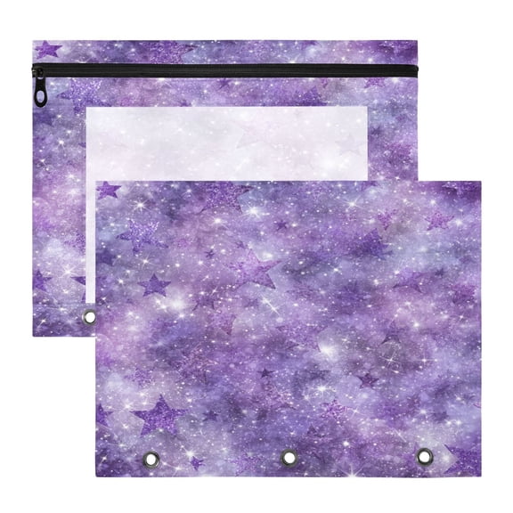 2 Pack A4 Zipper File Bags Purple Cosmic Galaxy Pattern Document Pouches with Clear PVC Front Water Resistant Polyester File Folders for Office Home Stationery Storage
