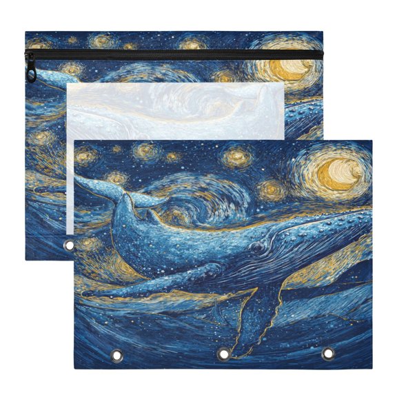 2 Pack A4 Zipper File Bags Starry Night Humpback Whale Document Pouches with Clear PVC Front Water Resistant Polyester File Folders for Office Home Stationery Storage