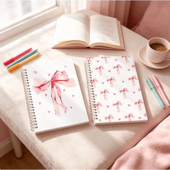 2 Pack A5 BowKnot Coil Journal Notebook, LayFlat Writing Diary, Premium Smooth Paper, Lovely Stationery Gift for Teens Girls Daily Use