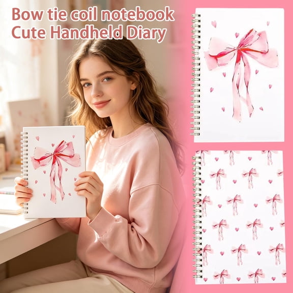 2 Pack A5 Cute Bow-Knot Coil Notebook Set, Kawaii Spiral Journal with Smooth Paper, 180 Flat Lay Writing Diary Notepad, Aesthetic Stationery Gift for Girls Students Teens School Office Supplies
