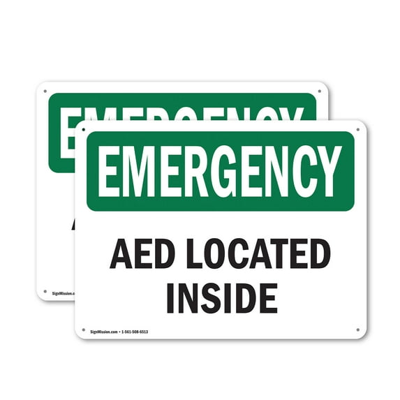 (2 Pack) AED Located Inside OSHA Emergency Sign 24 Inch X 18 Inch Indoor / Outdoor Rust-Free Aluminum Metal Signs for Workplace, Workshop, and Construction Site, Made in the USA