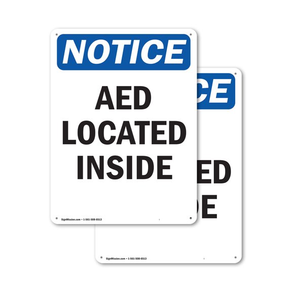 (2 Pack) AED Located Inside OSHA Notice Sign 10 Inch X 14 Inch Plastic Sign, Weather Resistant, UV Protected for Workplace, Business, and Construction Site, Made in the USA