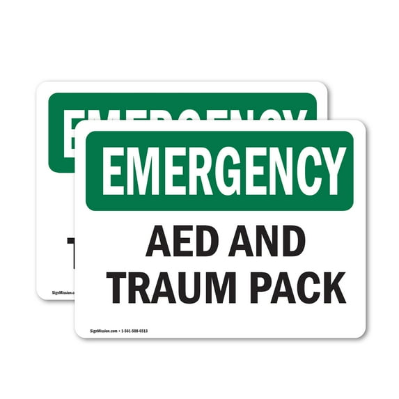 (2 Pack) AED And Trauma Pack OSHA Emergency Sign 10 Inch X 7 Inch Plastic Sign, Weather Resistant, UV Protected for Workplace, Business, and Construction Site, Made in the USA