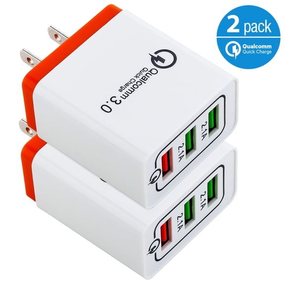 2-Pack AFFLUX USB Wall Charger 30W 3-Ports with Quick Charge 3.0, Wall Charger Adapter, Fast Charging for Samsung Galaxy S23/S22/S21/S20/S10/S9 Ultra, iPhone 14/13/12/11 Pro Mini, X/Xs, White/Orange