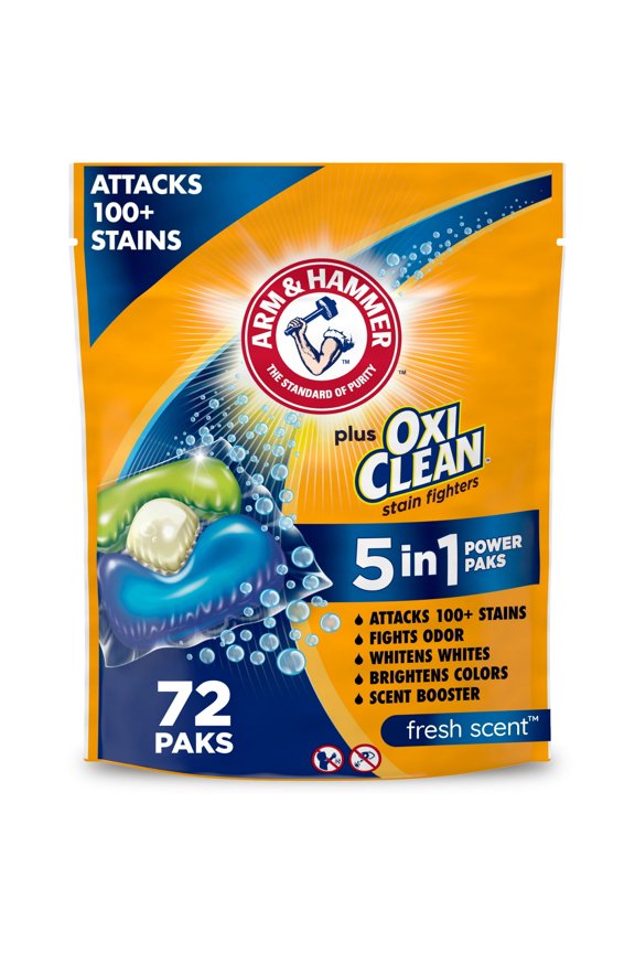 (2 Pack) ARM & HAMMER Plus OxiClean Stain Fighters: 5-in-1 Laundry Detergent Power Paks, Fresh Scent, 72 Count