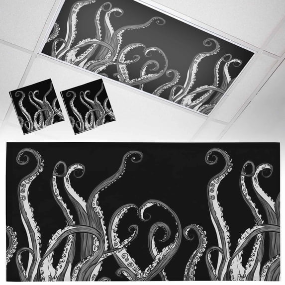 2 Pack Abstract Art Fluorescent Light Covers for Ceiling Lights Black Octopus Tentacles Ocean Animal Modern Magnetic Ceiling Light Covers Overhead Light Filters for Office Classroom Home