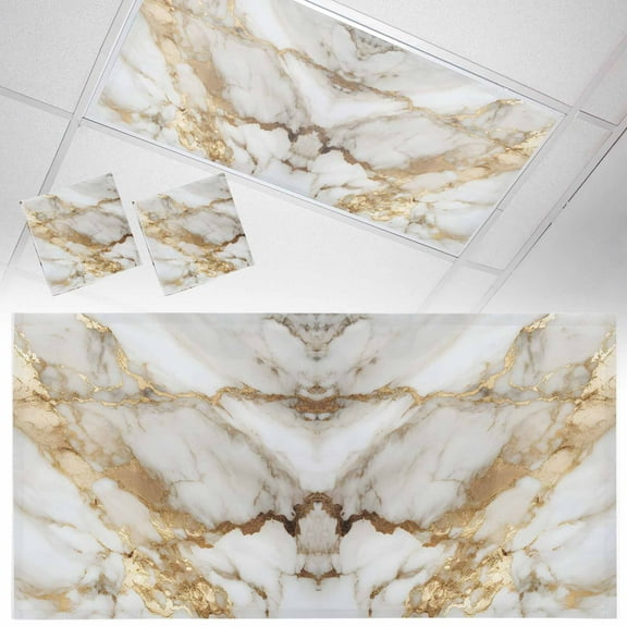 2 Pack Abstract Art Fluorescent Light Covers for Ceiling Lights White Marble Pattern Gold Crack Rock Texture Magnetic Ceiling Light Covers Overhead Light Filters for Office Classroom Home